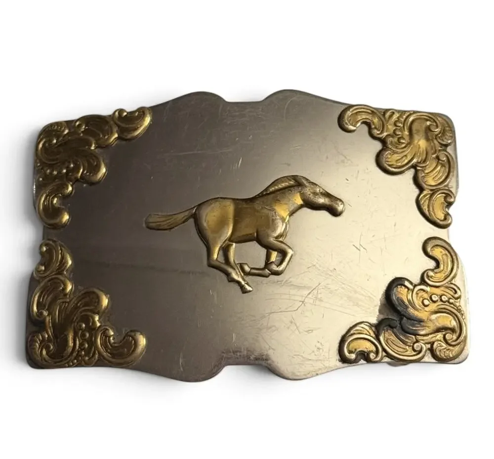 Vintage Silver Nickel Rodeo Cowboy Bronco Horse Trophy Belt Buckle